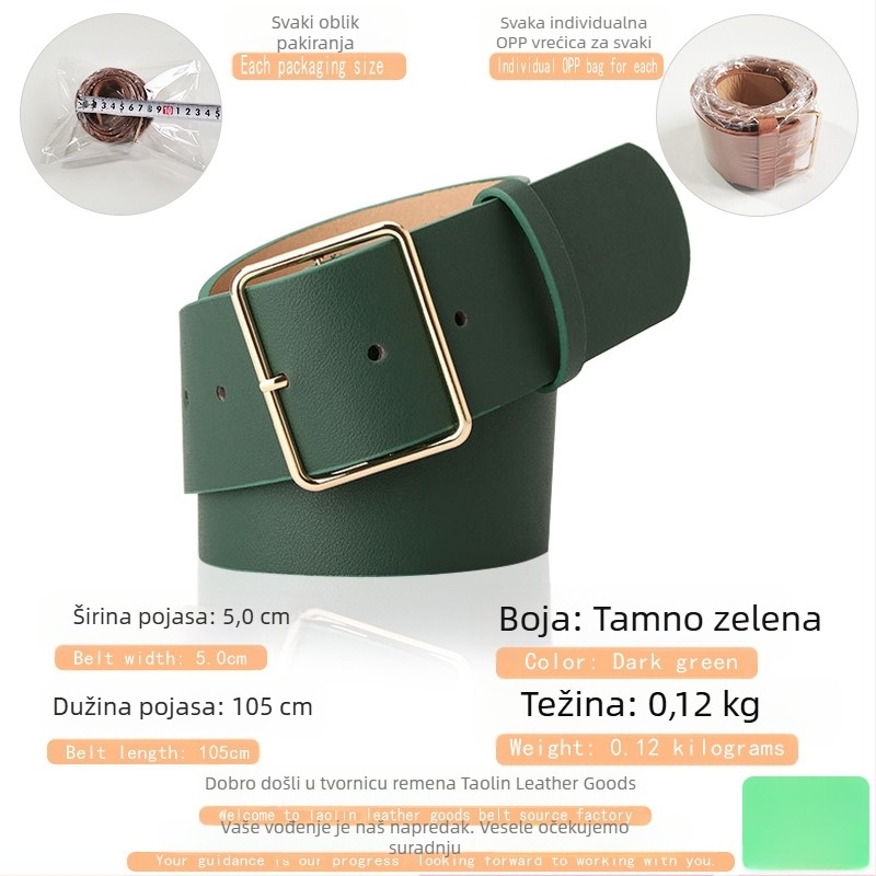 Ženski široki pojas s velikom kvadratnom kopčom od legure, PU koža, kopča s pinom, širina preko 4 cm, bušenje rupa i elektroplatiranje.