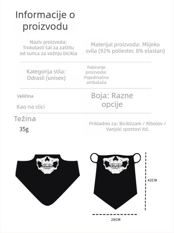 Sportska marama za glavu, prozračni poliester, brzo sušenje, otisak lubanje, trokutasti dizajn s petljama za uši