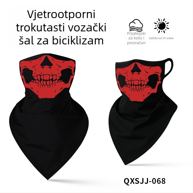 Sportska marama za glavu, prozračni poliester, brzo sušenje, otisak lubanje, trokutasti dizajn s petljama za uši