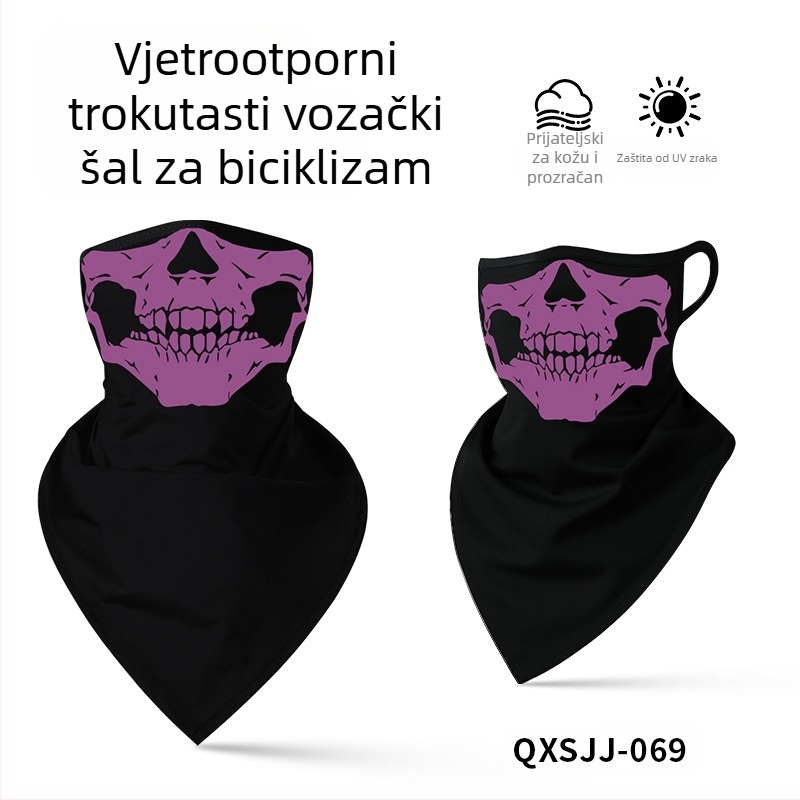 Sportska marama za glavu, prozračni poliester, brzo sušenje, otisak lubanje, trokutasti dizajn s petljama za uši