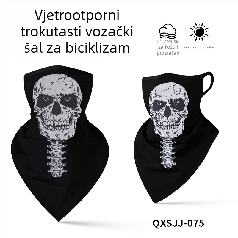 Sportska marama za glavu, prozračni poliester, brzo sušenje, otisak lubanje, trokutasti dizajn s petljama za uši