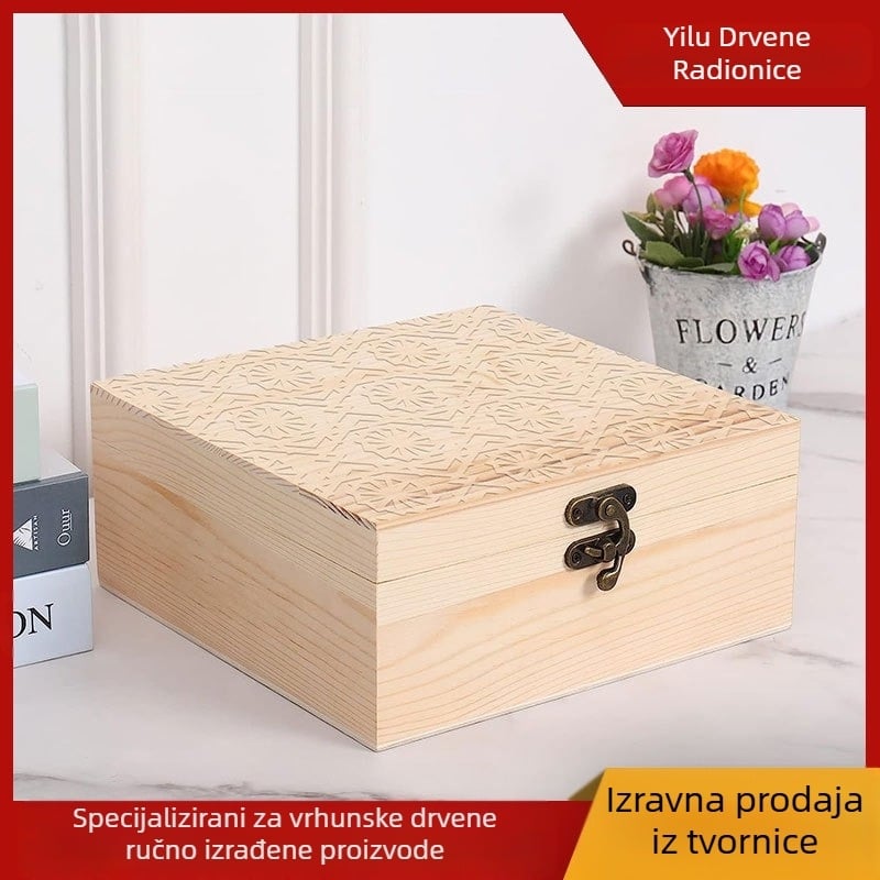 Drvena kutija za pohranu nakita, model Square 1, prirodno drvo, brončano (srebreno) premaz, prilagodljiv logotip