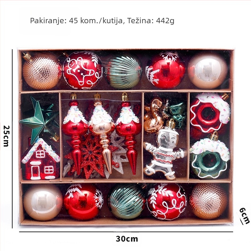Set božićnih ukrasa s medenjacima – 45 oslikanih kuglica za božićno drvce, plastika, moderni minimalistički stil, polu-ručna i polu-mehanička izrada