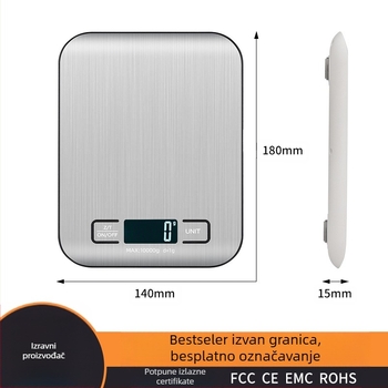 DH-2012 kuhinjska vaga, nehrđajući čelik, kapacitet 10 kg, dimenzije 18×14×1.55 cm, napajanje AA/USB