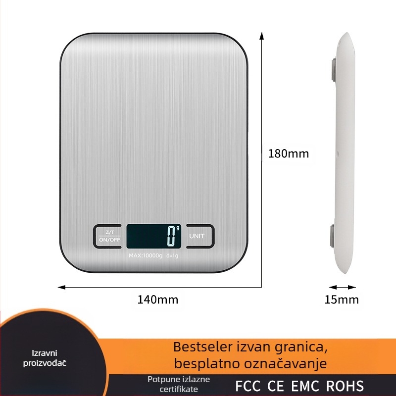 DH-2012 kuhinjska vaga, nehrđajući čelik, kapacitet 10 kg, dimenzije 18×14×1.55 cm, napajanje AA/USB