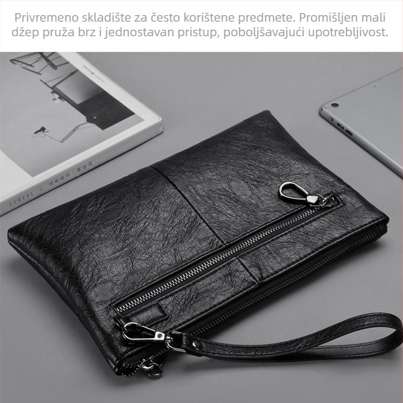 Muški kožni clutch za poslovno putovanje – velika zapremina, prirodna koža, vodootporan, jednobojni uzorak (Stil: Poslovno putovanje; Materijal: Prirodna koža; Funkcija: Vodootporan; Uzorak: Jednobojan)