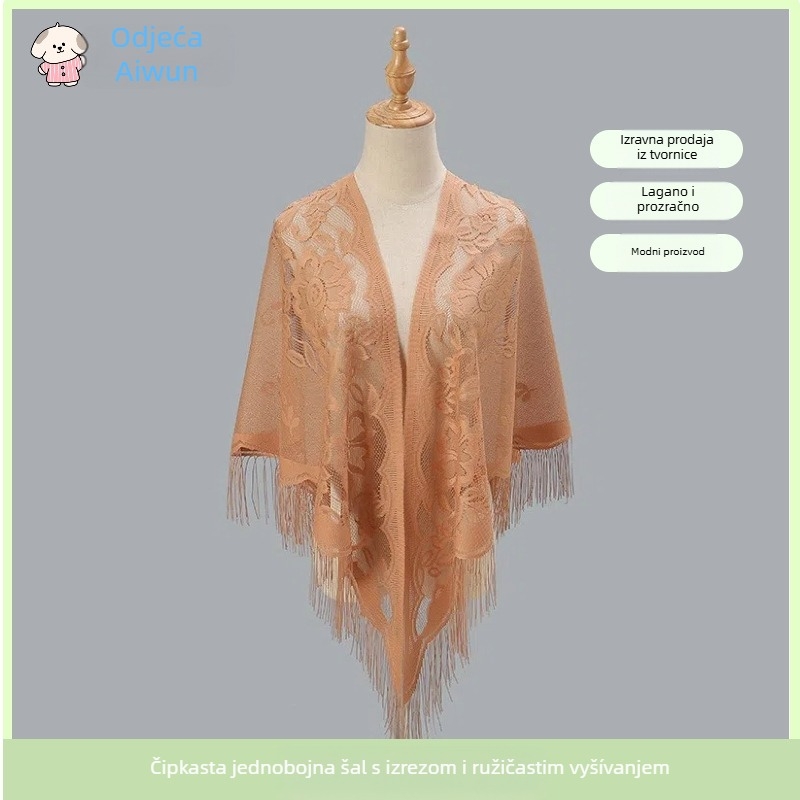 Ženski trokutasti šal s čipkom i izvezenim detaljima, poliester, ravno tkanje, brzo sušenje, elegantan stil
