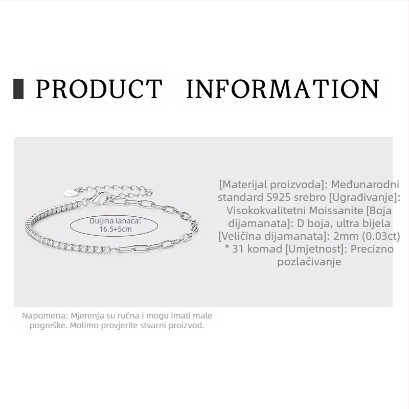 Moxan Diamond Bracelet – Moissanite, 925 srebro, Geometrijski dizajn, Unisex narukvica