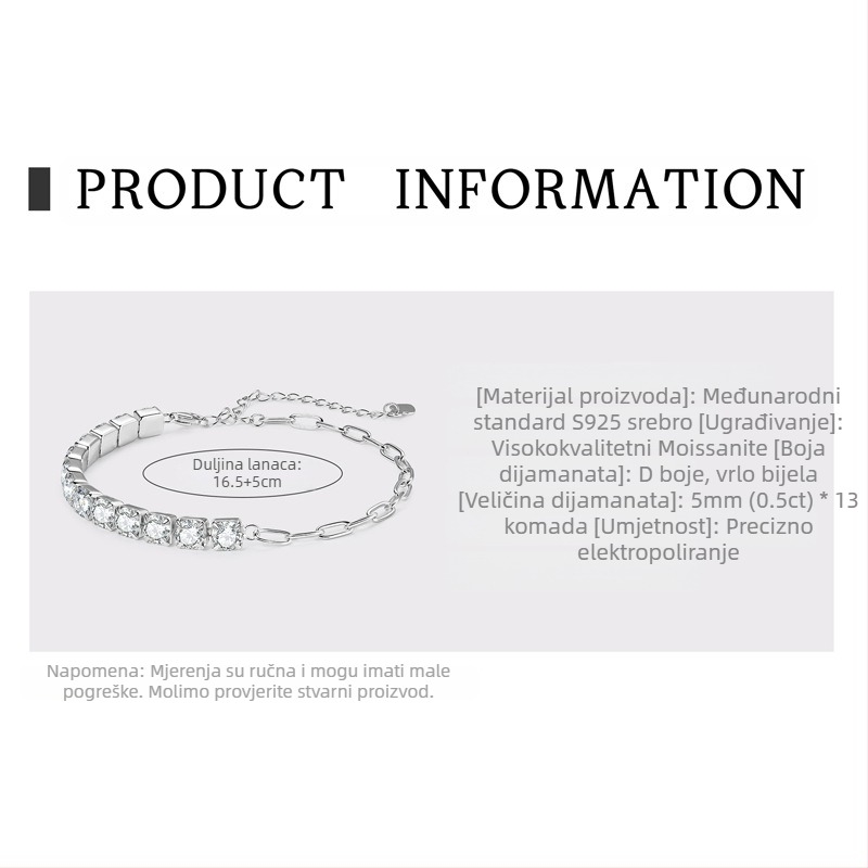 Moxan Diamond Bracelet – Moissanite, 925 srebro, Geometrijski dizajn, Unisex narukvica