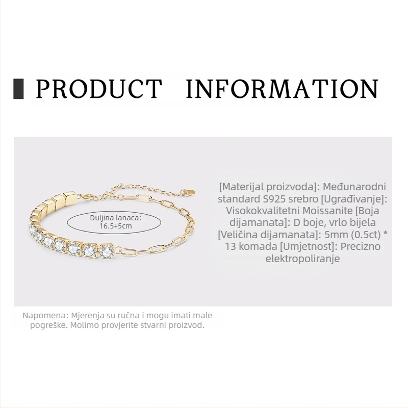 Moxan Diamond Bracelet – Moissanite, 925 srebro, Geometrijski dizajn, Unisex narukvica