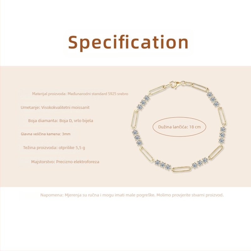 Moxan Diamond Bracelet – Moissanite, 925 srebro, Geometrijski dizajn, Unisex narukvica