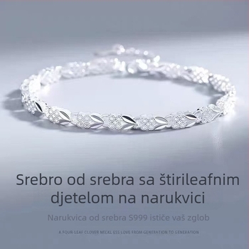 Ženski srebrni narukvica S990, čistoća 99%, motivi: četverolistna djetelina, sretni zeko, cvijeće i listovi, sjajni elektroplatirani završetak