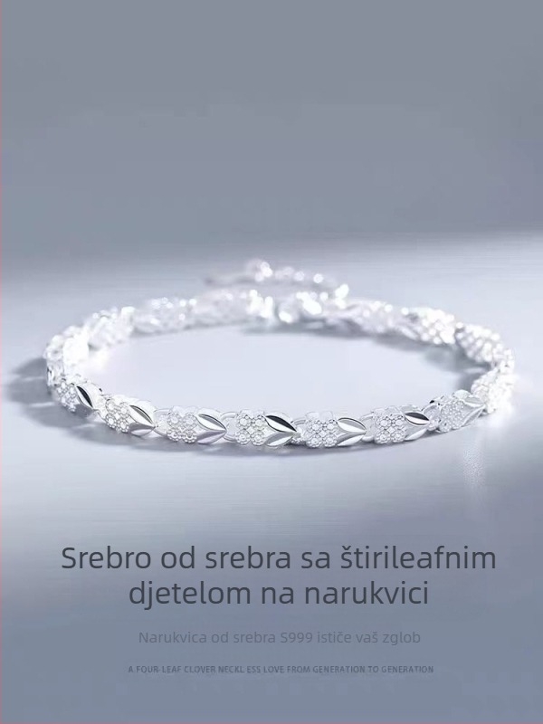 Ženski srebrni narukvica S990, čistoća 99%, motivi: četverolistna djetelina, sretni zeko, cvijeće i listovi, sjajni elektroplatirani završetak