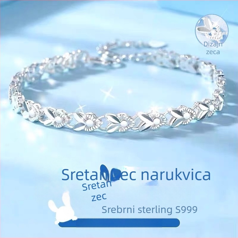 Ženski srebrni narukvica S990, čistoća 99%, motivi: četverolistna djetelina, sretni zeko, cvijeće i listovi, sjajni elektroplatirani završetak