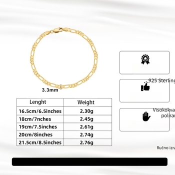 Srebrna narukvica 925 s Figaro lancem, elektroplatirano, geometrijski dizajn za žene