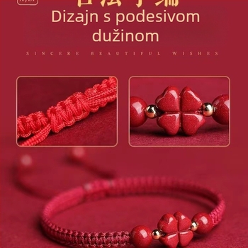 Narukvica od cinnabara, ručno pletena, s četverolistom djeteline i cvijetom s pet listova – unisex, par stil, retro