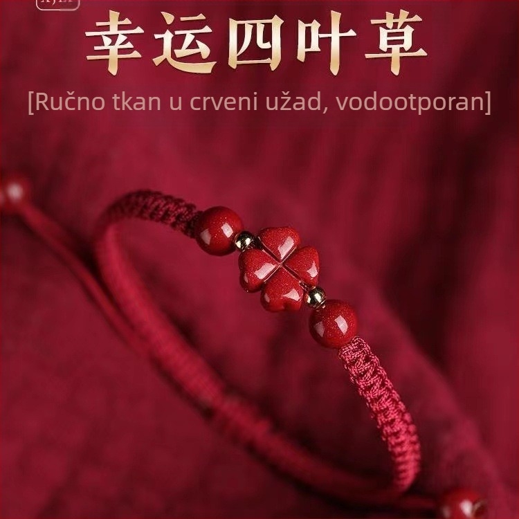 Narukvica od cinnabara, ručno pletena, s četverolistom djeteline i cvijetom s pet listova – unisex, par stil, retro