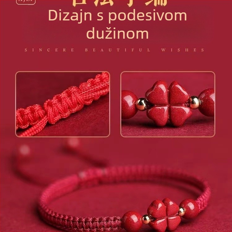 Narukvica od cinnabara, ručno pletena, s četverolistom djeteline i cvijetom s pet listova – unisex, par stil, retro