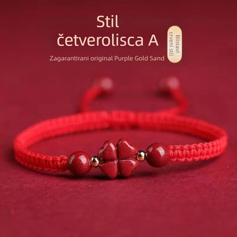 Narukvica od cinnabara, ručno pletena, s četverolistom djeteline i cvijetom s pet listova – unisex, par stil, retro