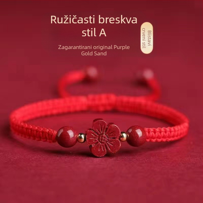 Narukvica od cinnabara, ručno pletena, s četverolistom djeteline i cvijetom s pet listova – unisex, par stil, retro