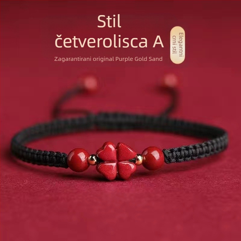 Narukvica od cinnabara, ručno pletena, s četverolistom djeteline i cvijetom s pet listova – unisex, par stil, retro