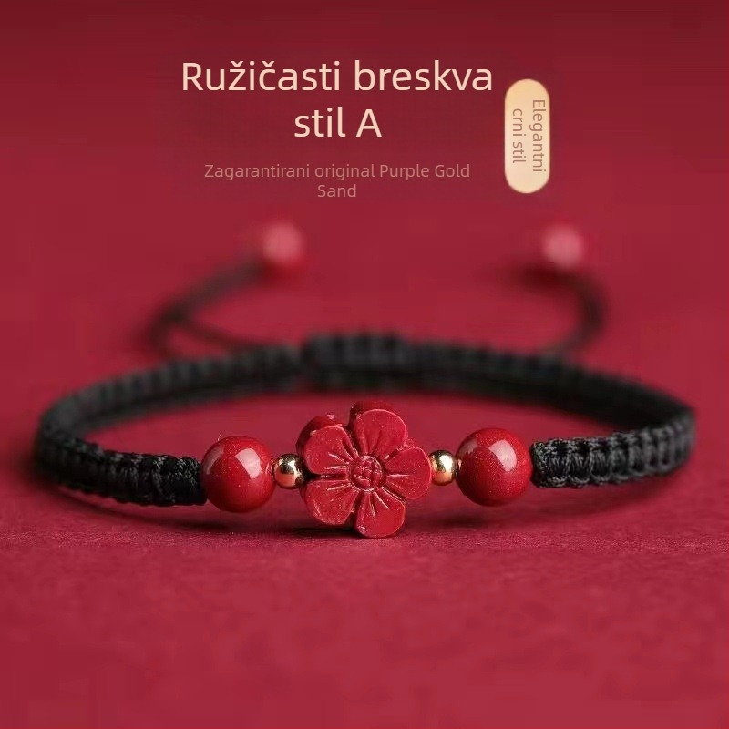 Narukvica od cinnabara, ručno pletena, s četverolistom djeteline i cvijetom s pet listova – unisex, par stil, retro