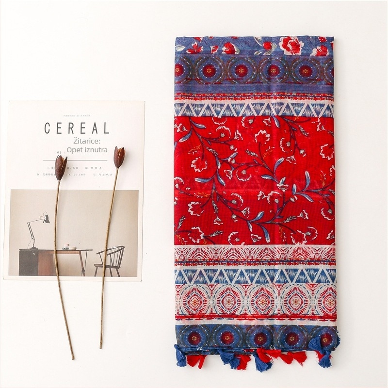 Šal u etničkom stilu, mekanog pamuk-lan doživljaja i malog cvjetnog uzorka, ravno tkano, širina 90 cm, srednja dužina, pogodan za sve sezone