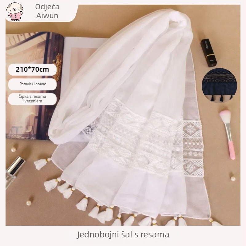 Ženski šal s čipkom i resicama, pamuk i lan smjesa, ravna tkanina, patchwork, BS529, dugi stil princeze
