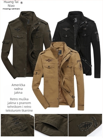 Muška jakna Vintage Workwear od pamuka, stojeći ovratnik, zatvarač, otporna na vjetar