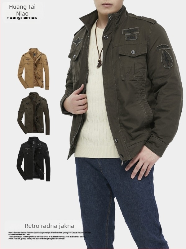 Muška jakna Vintage Workwear od pamuka, stojeći ovratnik, zatvarač, otporna na vjetar