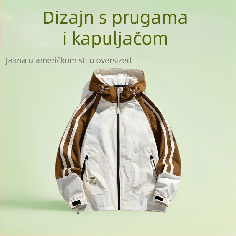 Muška sportska jakna s kapuljom i prugama, prednji zip, širok kroj, poliester