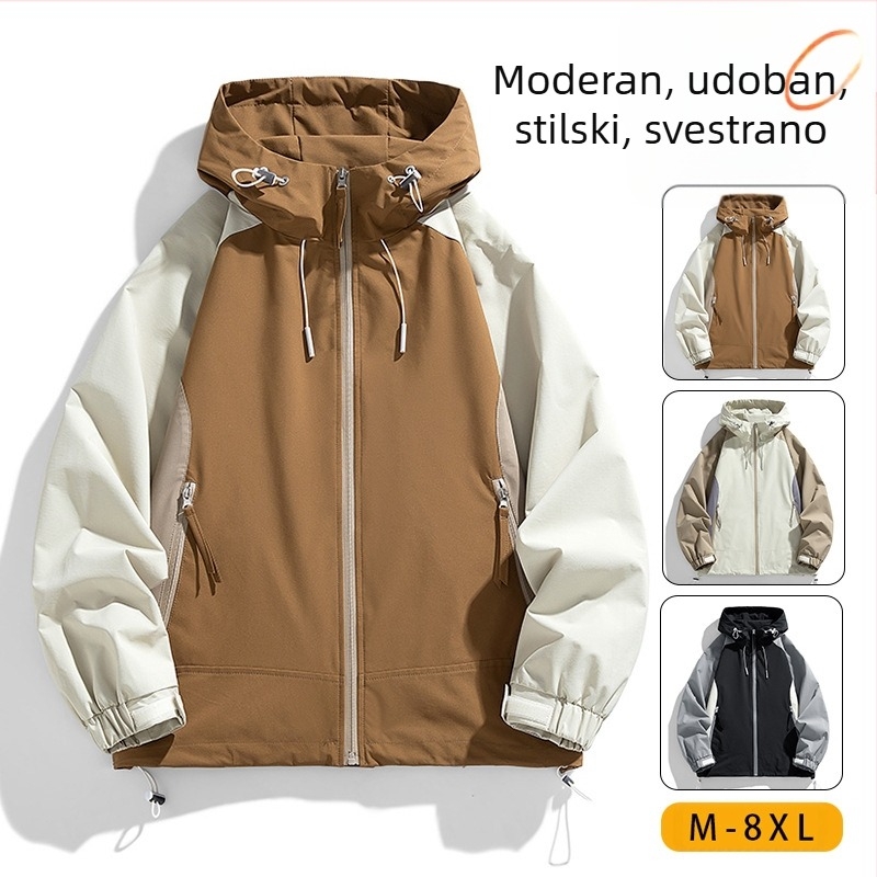 Muška jakna s kapuljom, otporna na vjetar, zatvarač, širok kroj, 100% poliester