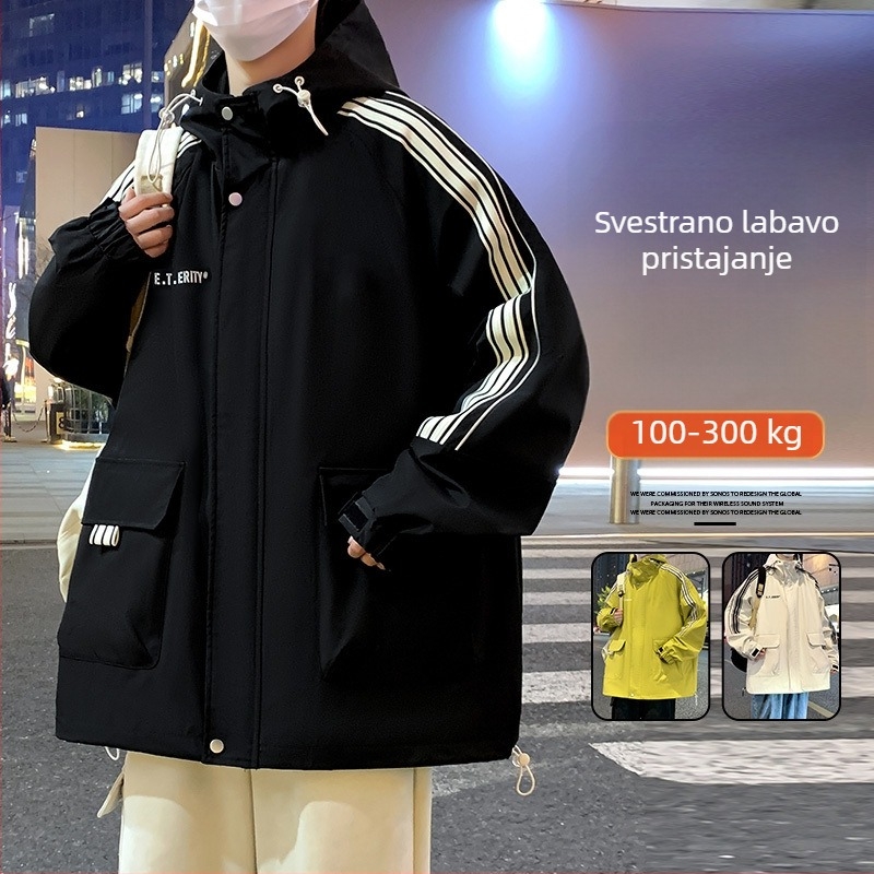 Korejska jakna za tinejdžere, stojeći ovratnik, kapuljača, široki kroj, zatvarač, tanak materijal od bambusovog vlakna s poliester podstavom, jednobojni uzorak, trodimenzionalni džepovi.