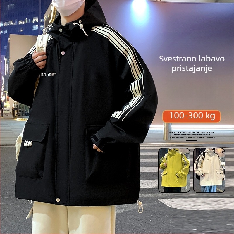 Korejska jakna za tinejdžere, stojeći ovratnik, kapuljača, široki kroj, zatvarač, tanak materijal od bambusovog vlakna s poliester podstavom, jednobojni uzorak, trodimenzionalni džepovi.