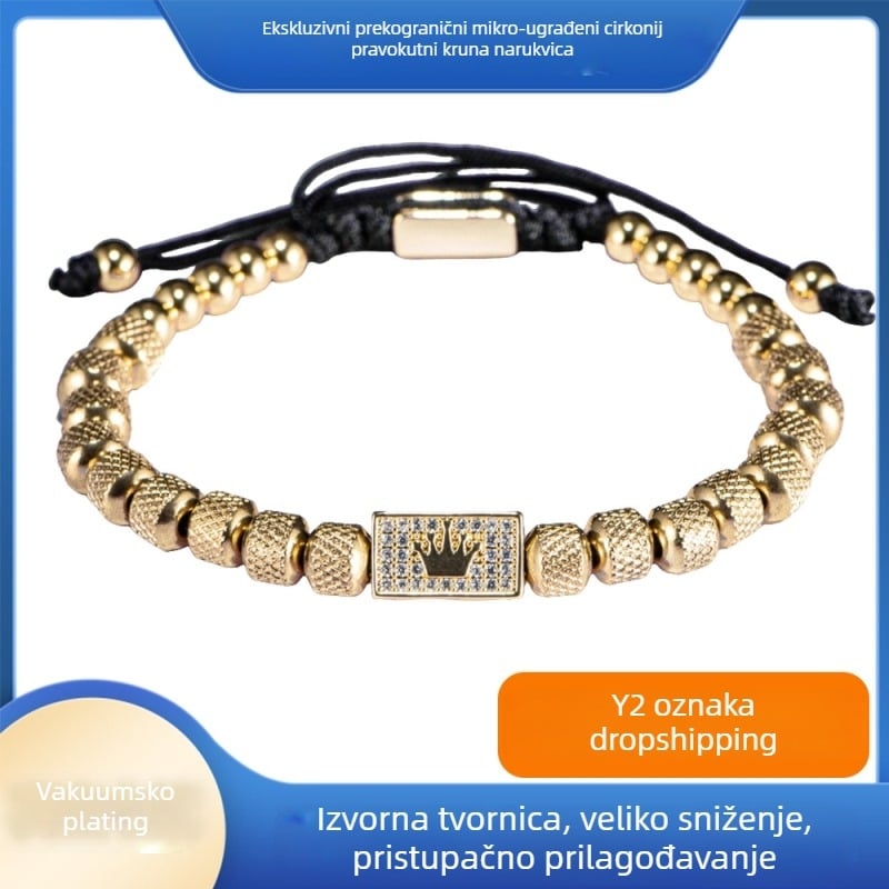 Unisex narukvica s koronom od cirkonija, geometrijski pravokutni dizajn, nehrđajući čelik, elektroplatiranje
