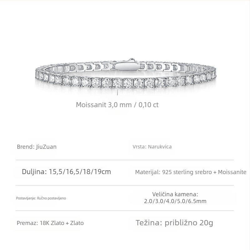 S925 srebrni teniski narukvica s moissanitom - unisex, geometrijski dizajn, JIUZUAN (ugradnja moissanita, S925, unisex)