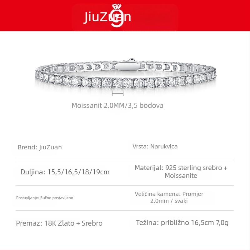 S925 srebrni teniski narukvica s moissanitom - unisex, geometrijski dizajn, JIUZUAN (ugradnja moissanita, S925, unisex)