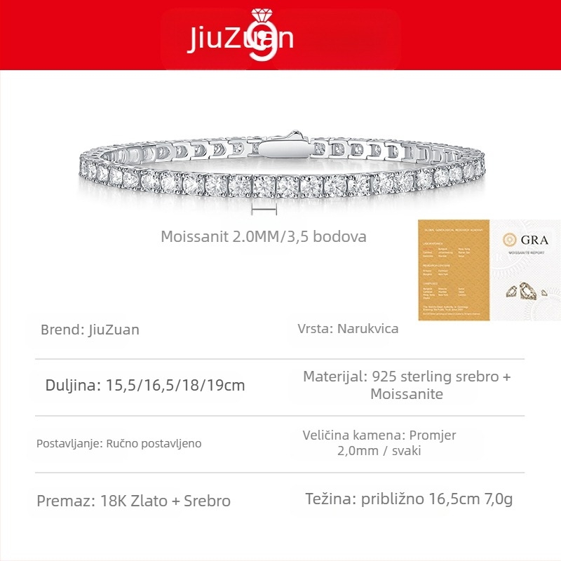 S925 srebrni teniski narukvica s moissanitom - unisex, geometrijski dizajn, JIUZUAN (ugradnja moissanita, S925, unisex)