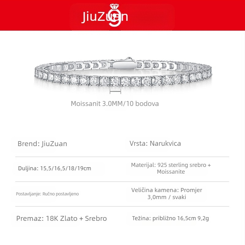 S925 srebrni teniski narukvica s moissanitom - unisex, geometrijski dizajn, JIUZUAN (ugradnja moissanita, S925, unisex)