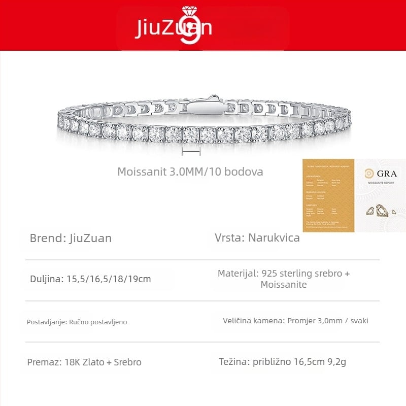 S925 srebrni teniski narukvica s moissanitom - unisex, geometrijski dizajn, JIUZUAN (ugradnja moissanita, S925, unisex)
