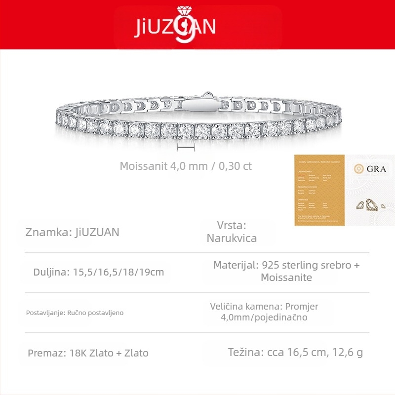 S925 srebrni teniski narukvica s moissanitom - unisex, geometrijski dizajn, JIUZUAN (ugradnja moissanita, S925, unisex)