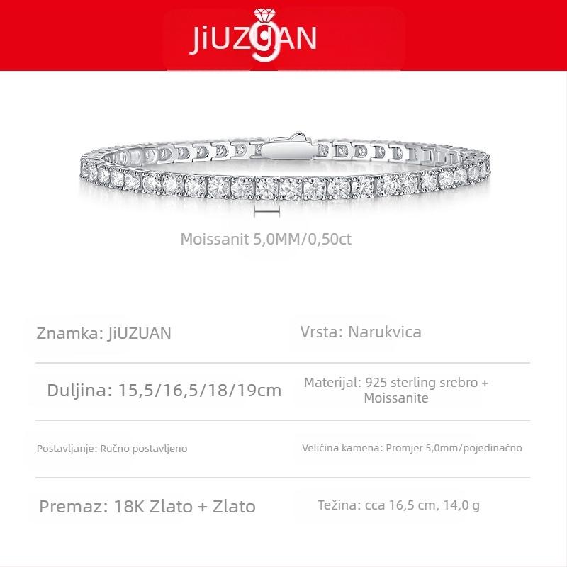 S925 srebrni teniski narukvica s moissanitom - unisex, geometrijski dizajn, JIUZUAN (ugradnja moissanita, S925, unisex)