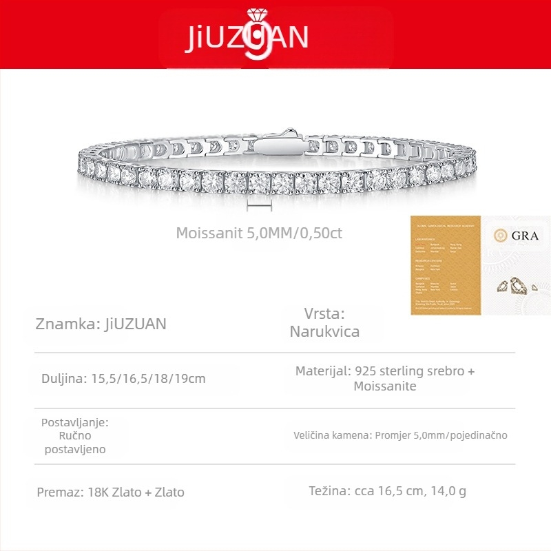 S925 srebrni teniski narukvica s moissanitom - unisex, geometrijski dizajn, JIUZUAN (ugradnja moissanita, S925, unisex)