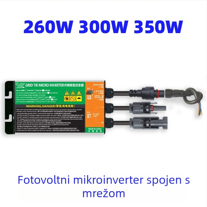 PV mikroinvertor mrežno povezivanje, ulaz 22-50V, izlaz 110/220V, do 320W, učinkovitost 92,5%, dimenzije 35x76x233 mm