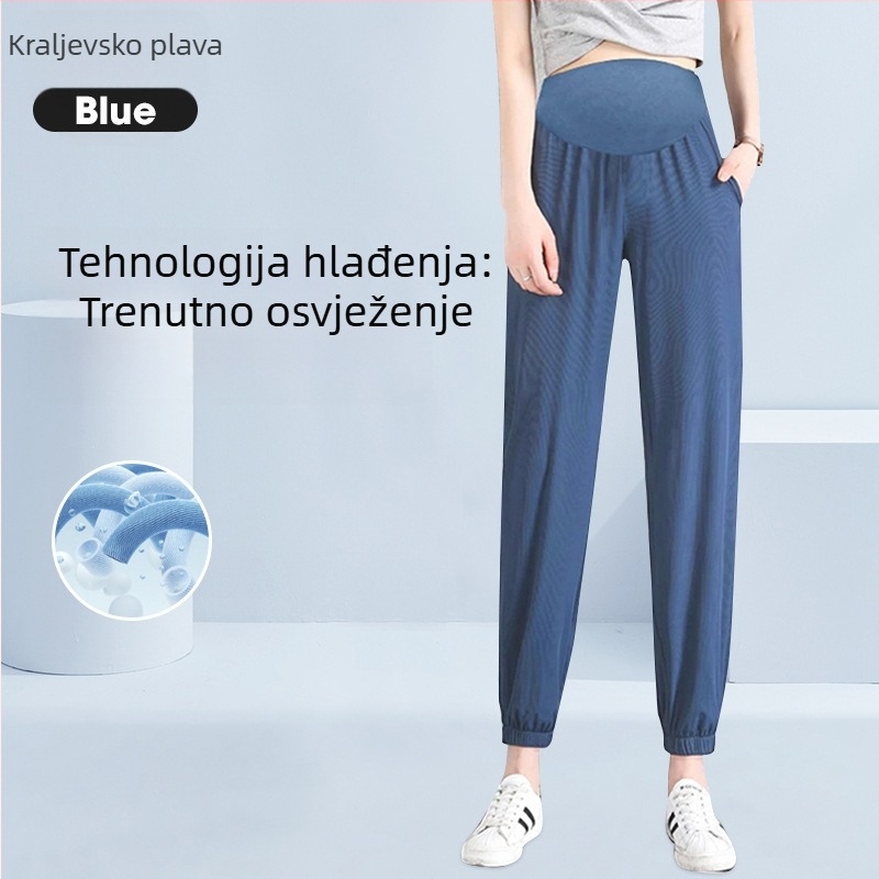 Hlače za trudnoću od ice silk, širokih krojeva, podrška trbuhu, duljina 9/10, plus veličina, vitak izgled, dojam golih nogu