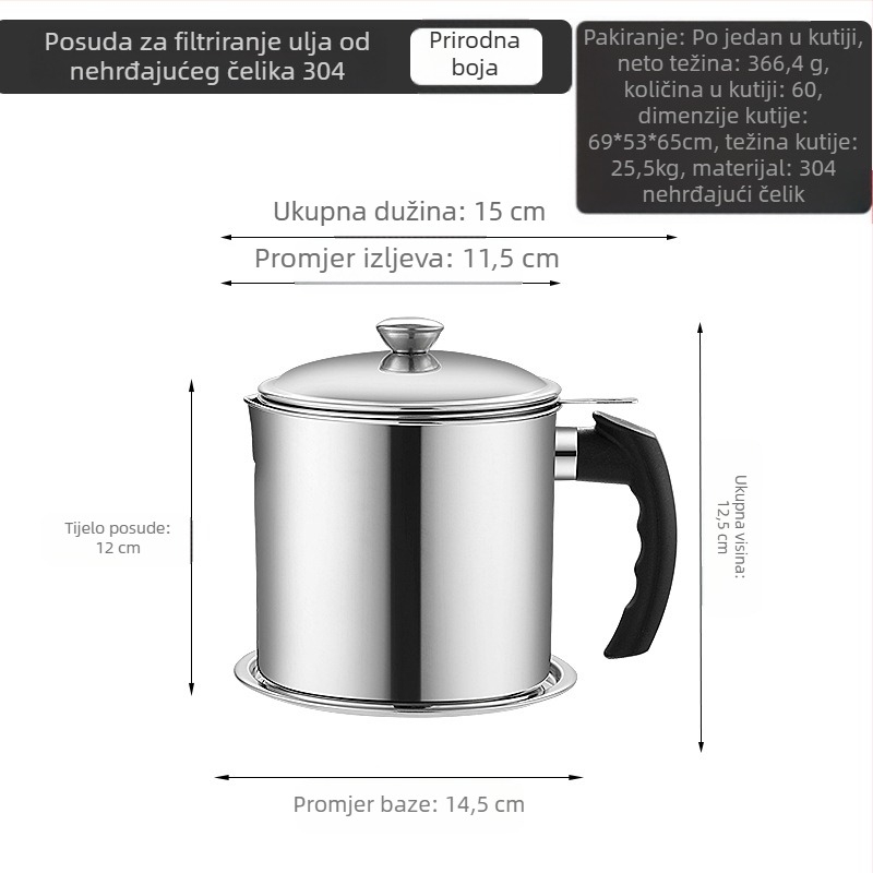 Posuda za ulje od nehrđajućeg čelika, velike kapacitete, s mrežom za filtriranje i filtracijskim čašicama