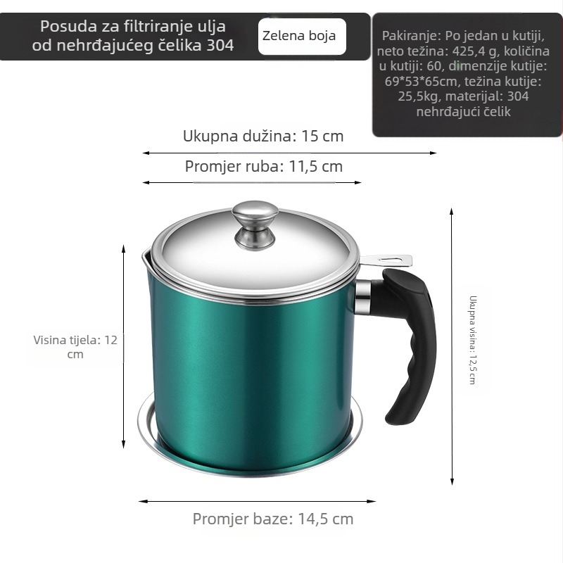 Posuda za ulje od nehrđajućeg čelika, velike kapacitete, s mrežom za filtriranje i filtracijskim čašicama