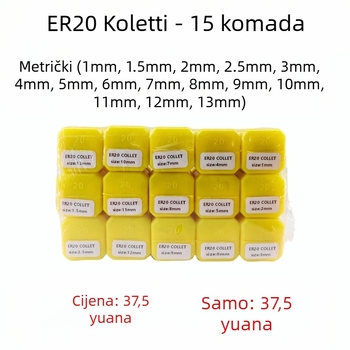 ER20 kolletni držač set, 15 kom, 8° konus, visoko brzini čelik, točnost 0.015 mm