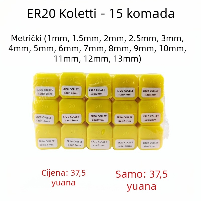 ER20 kolletni držač set, 15 kom, 8° konus, visoko brzini čelik, točnost 0.015 mm