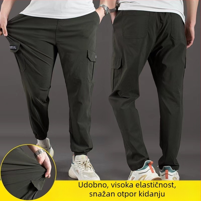 Cargo hlače, slobodan kroj, visok pojas, pamuk-elastan smjesa, više džepova